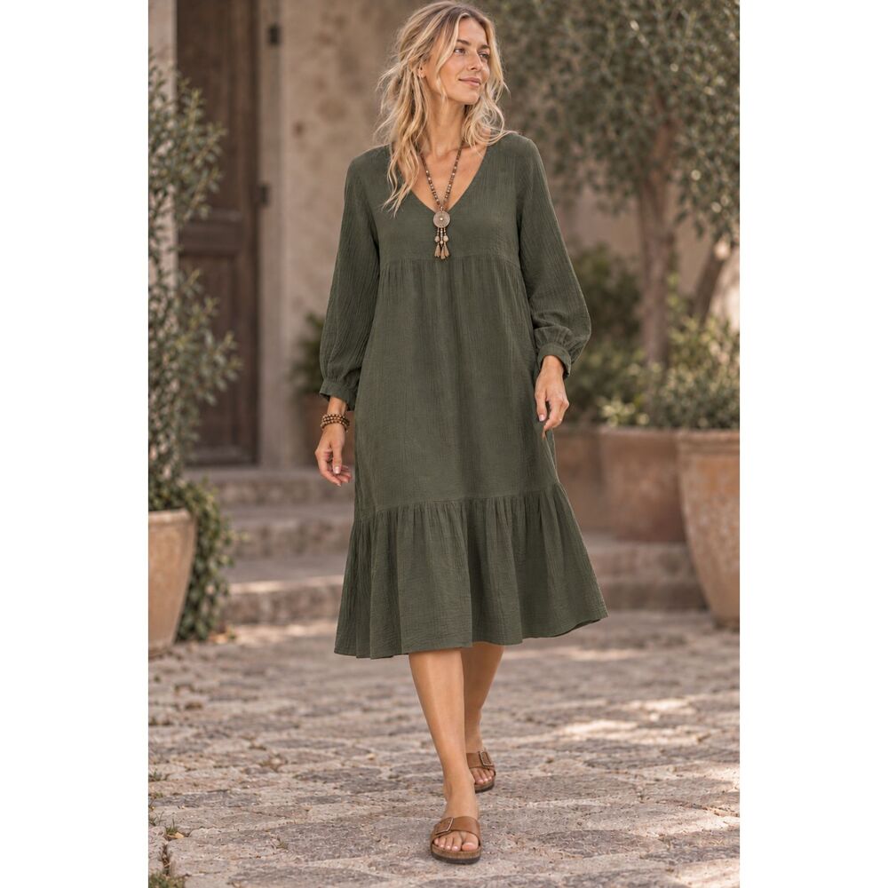 7 For All Mankind Army Green 100% Cotton Gauze Boho Midi Dress Size Medium